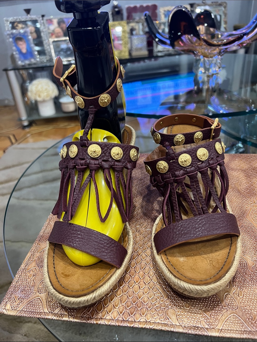 Valentino Garavani Burgundy Fringe Gladiator Sandals with Gold Medallions3in HL